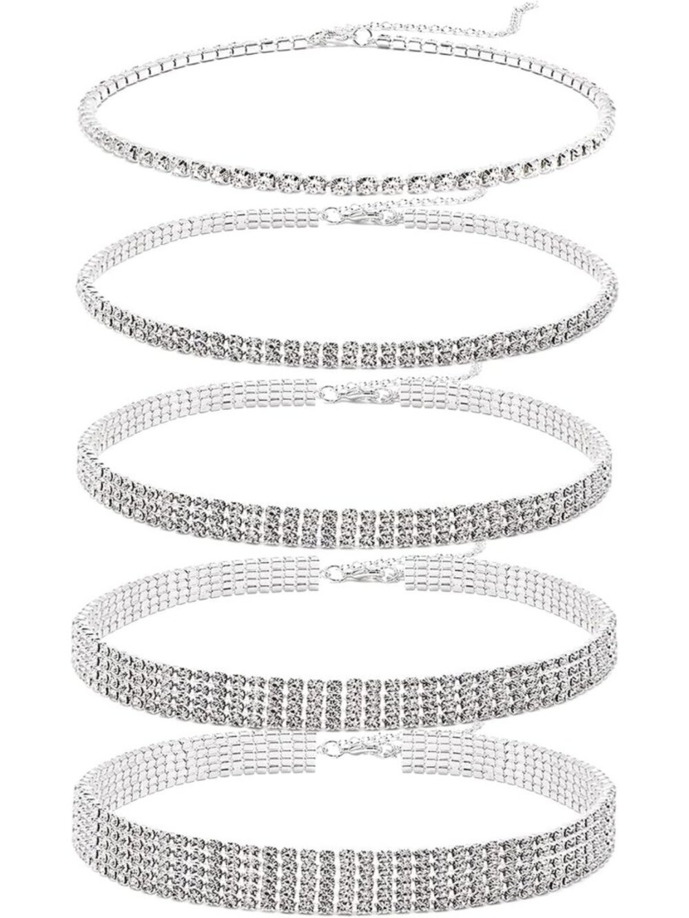 Dainty Rhinestone Choker Necklace Set - 5 Pieces Silver & Gold Plated Tennis